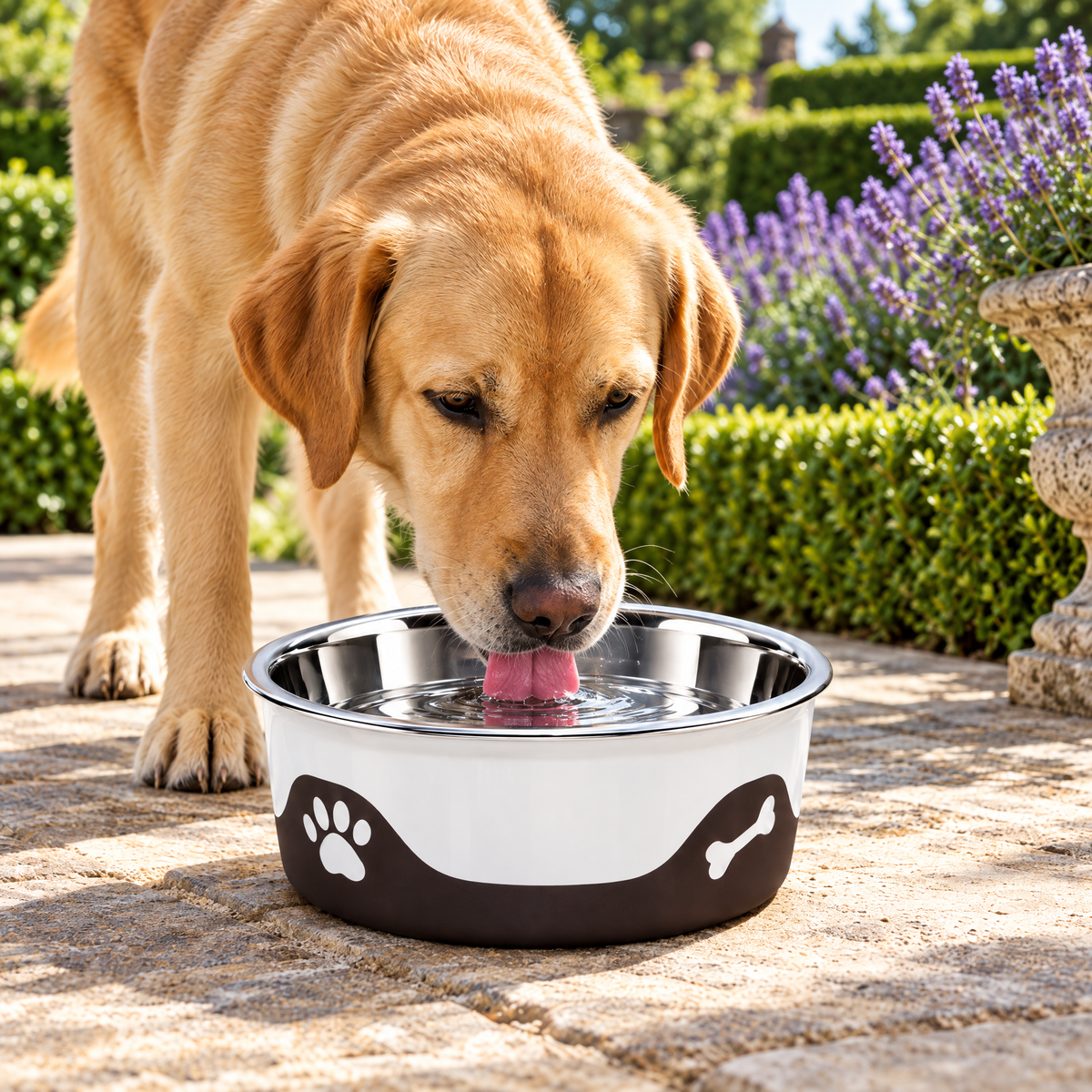 Labrador drinking from the ThermaCool Cooling Dog Bowl in Espresso on a garden terrace