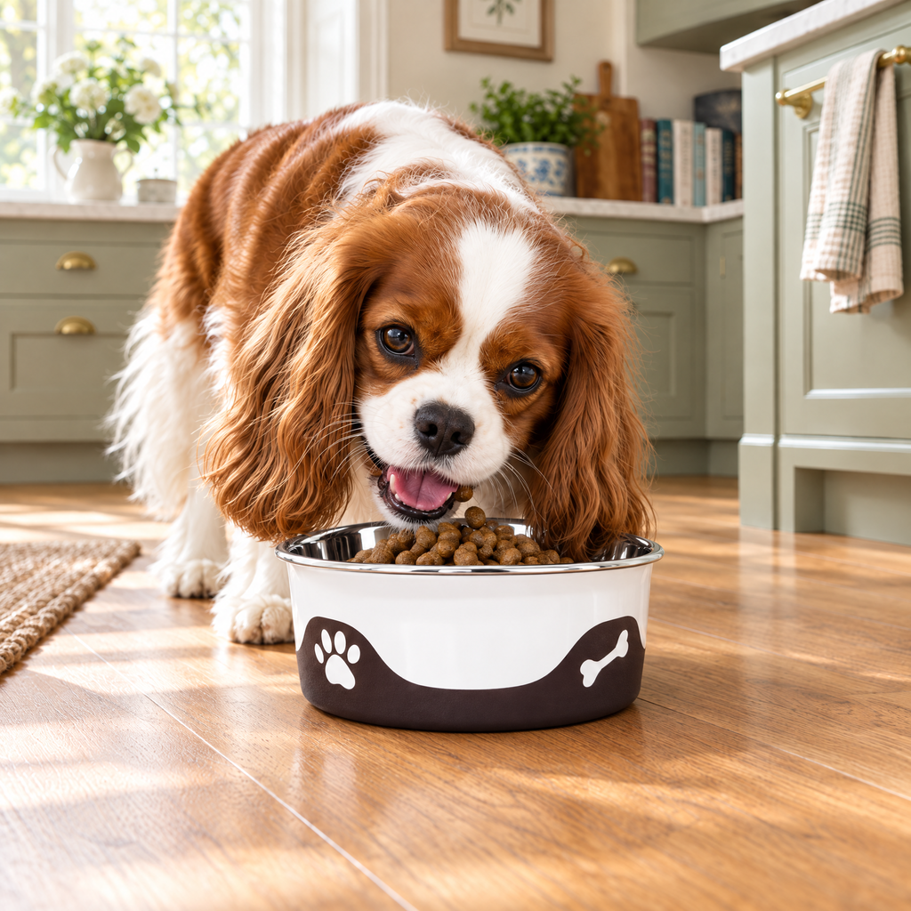 Cavalier King Charles Spaniel eating from the ThermaCool Cooling Dog Bowl in Espresso