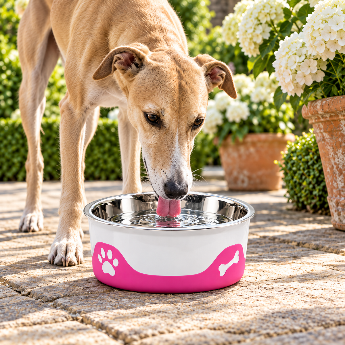 Whippet drinking from the ThermaCool Cooling Dog Bowl in Hot Pink on a patio