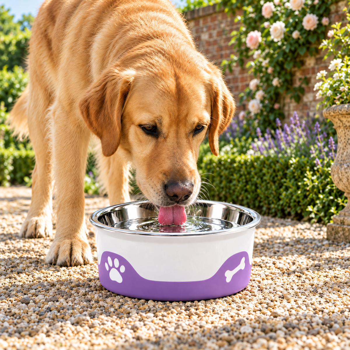 Golden Retriever drinking from the ThermaCool Cooling Dog Bowl in Grape in a walled garden