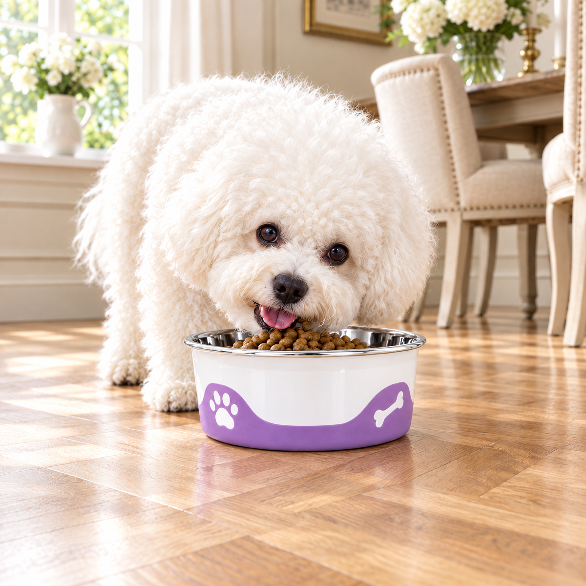 Bichon Frise eating from the ThermaCool Cooling Dog Bowl in Grape