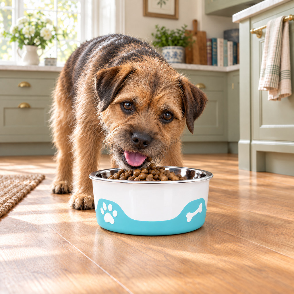 Border Terrier eating from the ThermaCool Cooling Dog Bowl in Azure Blue