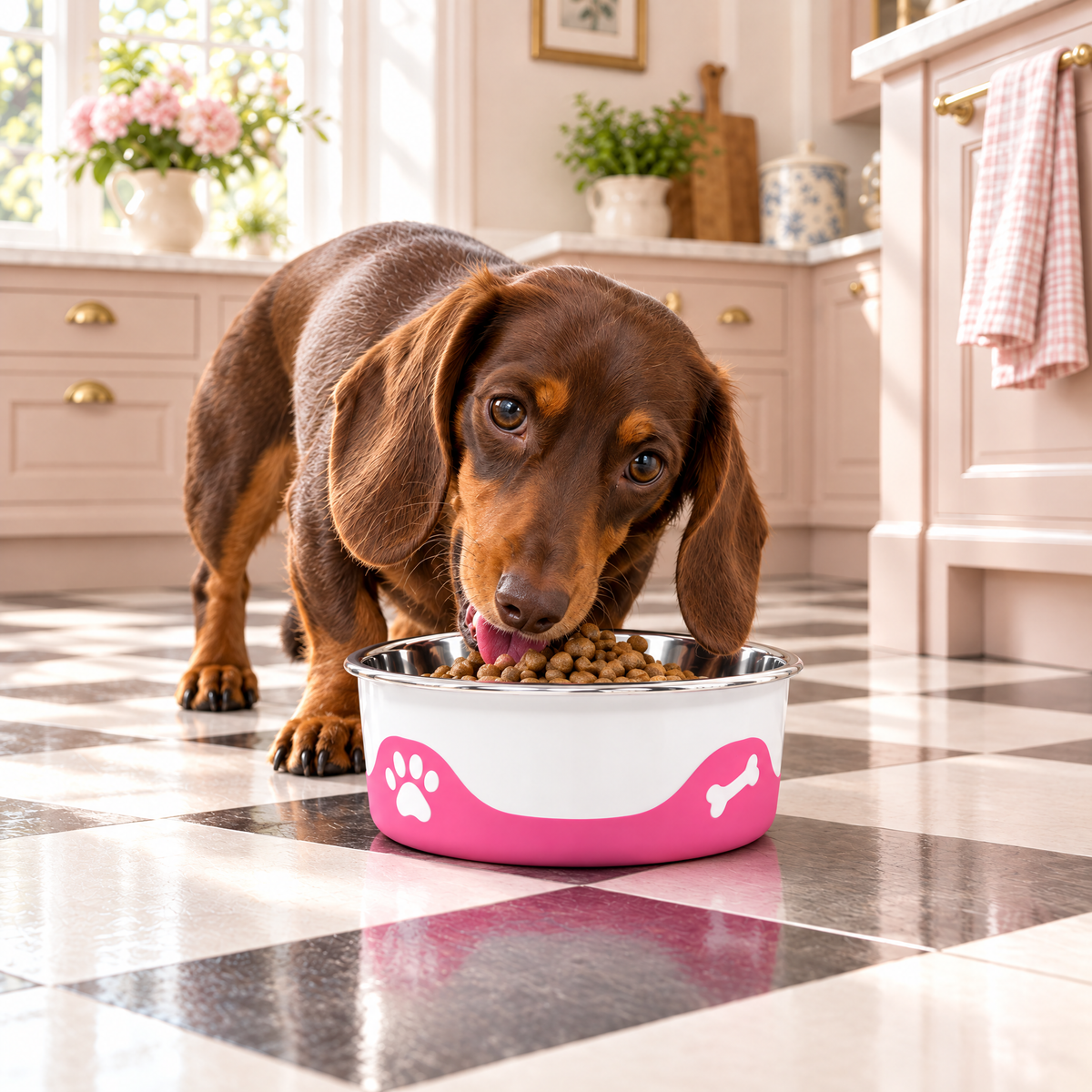 Miniature Dachshund eating from the ThermaCool Cooling Dog Bowl in Hot Pink