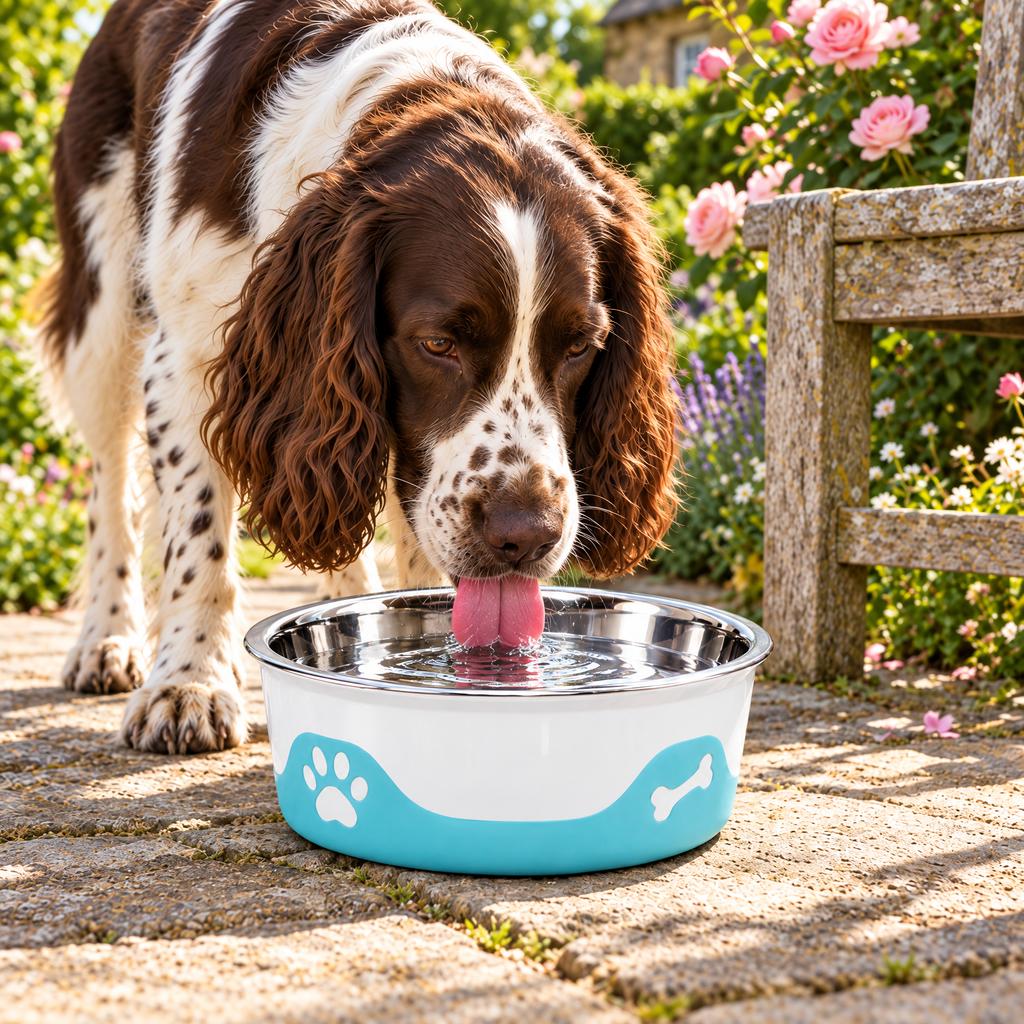 Springer Spaniel drinking from the ThermaCool Cooling Dog Bowl in Azure Blue in a cottage garden