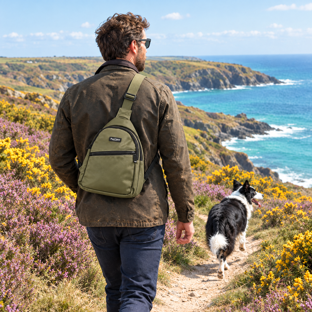 Man on a Cornish clifftop path wearing the khaki green sling bag, Border Collie running ahead
