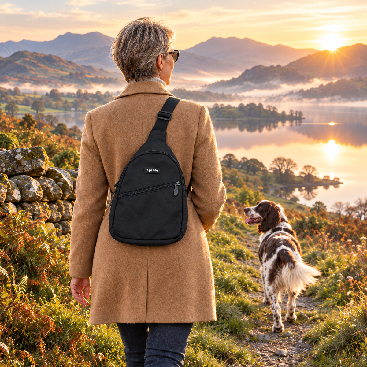 Woman on a Lake District lakeside path at sunrise wearing the black PupClub sling bag, Springer Spaniel ahead