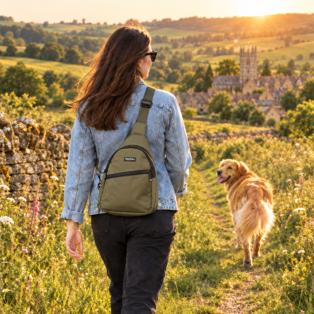 Woman walking a Cotswold footpath wearing the khaki green PupClub sling bag, Golden Retriever trotting ahead
