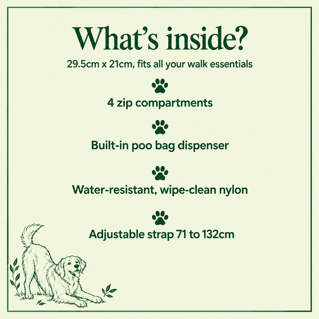 What's inside the dog walking sling bag: 4 zip compartments, poo bag dispenser, wipe-clean nylon, adjustable strap