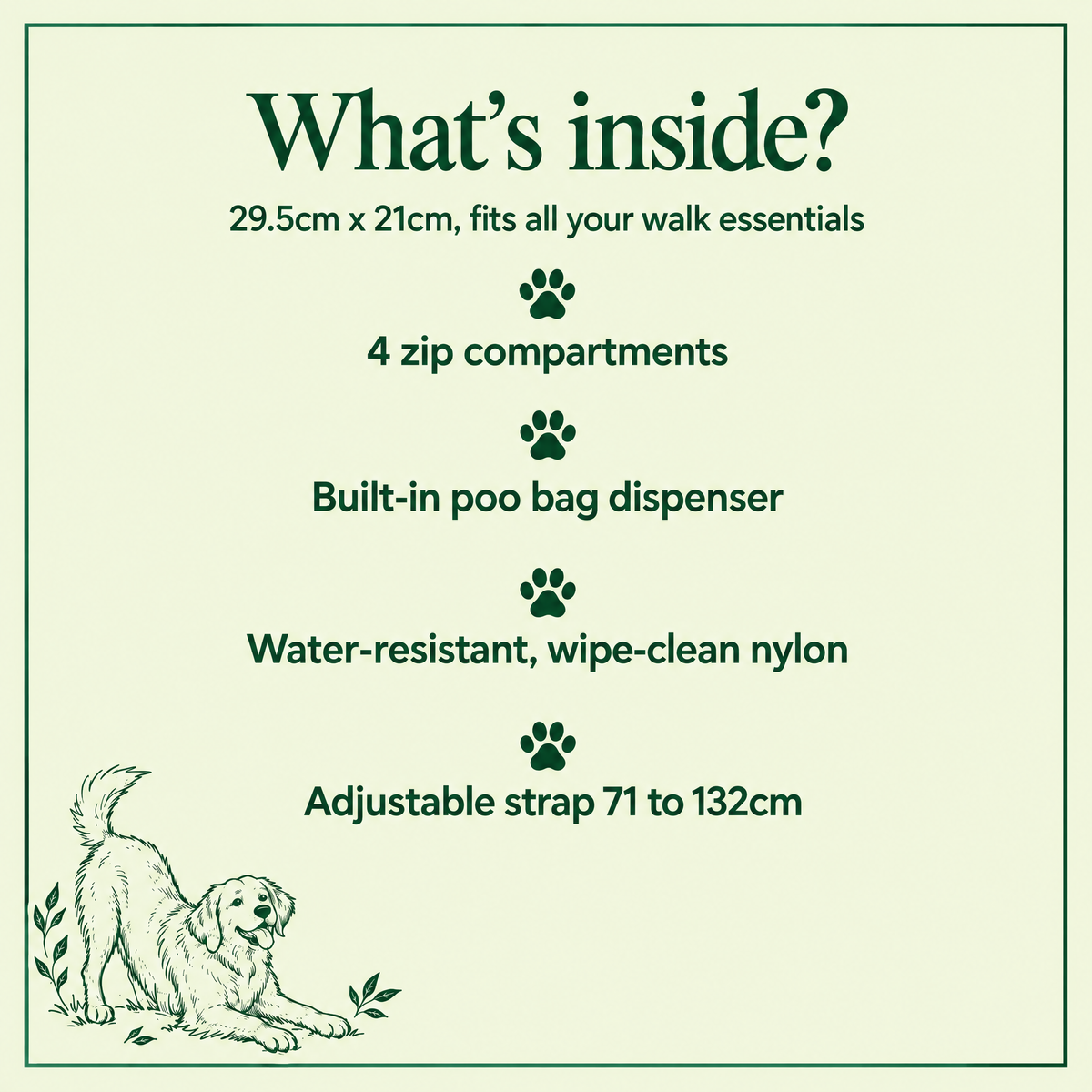 What's inside the dog walking sling bag: 4 zip compartments, poo bag dispenser, wipe-clean nylon, adjustable strap