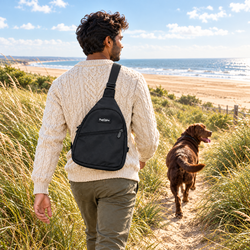 Man walking through Norfolk dunes towards the beach wearing the black sling bag, chocolate Labrador ahead