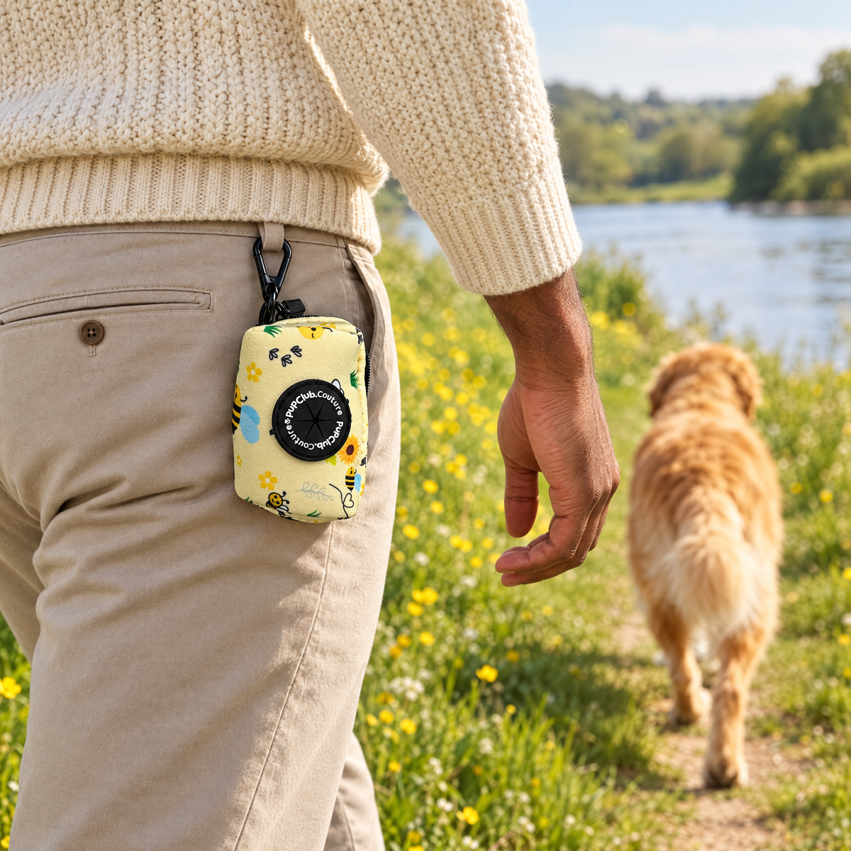 Bee-utiful Summer poo bag holder clipped to a belt on a dog walk