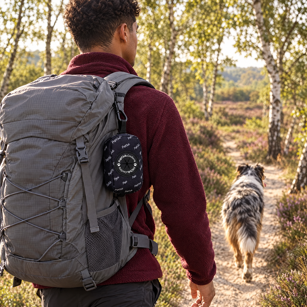 Midnight Black poo bag holder clipped to a backpack on a dog walk