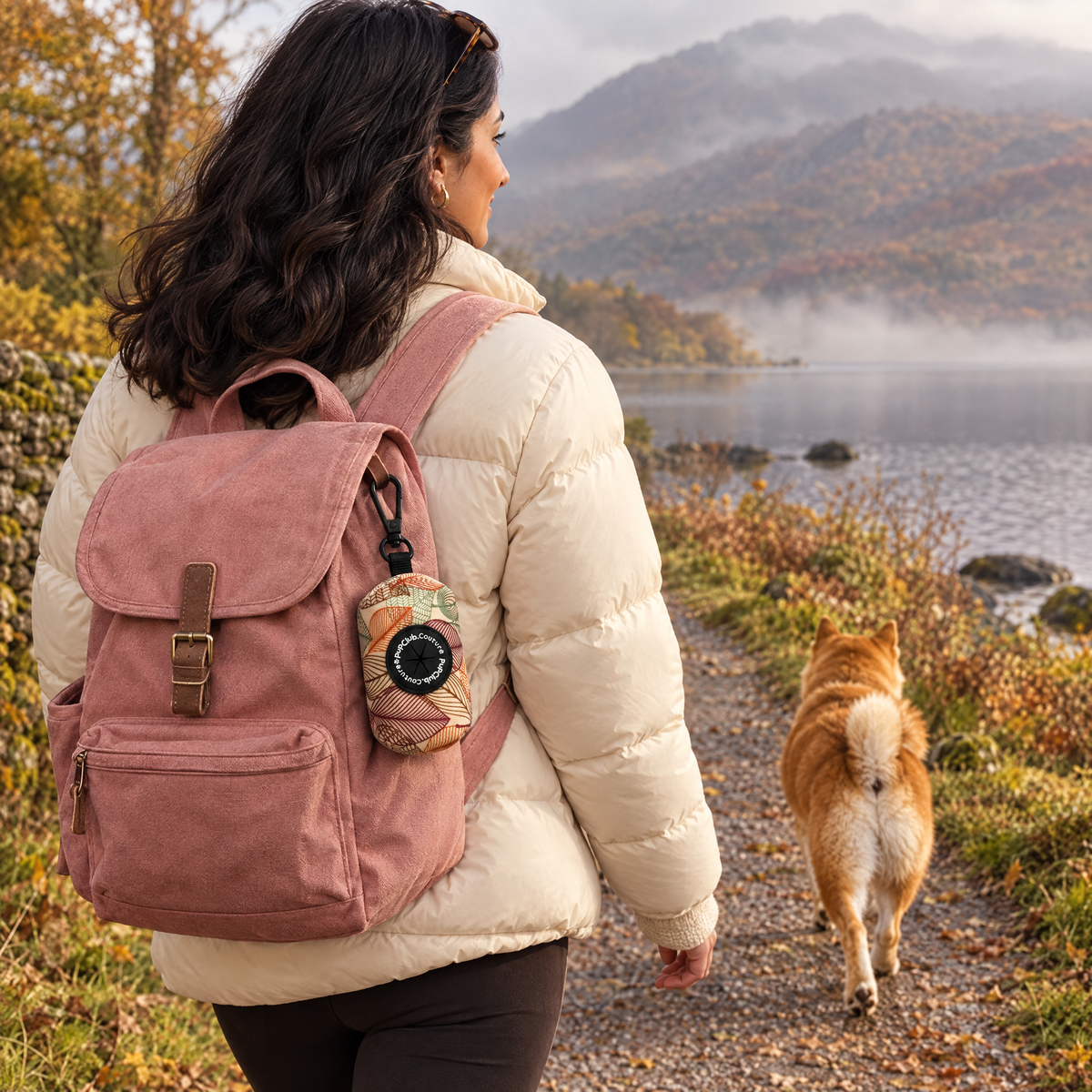 Autumn Breeze poo bag holder clipped to a backpack on a dog walk