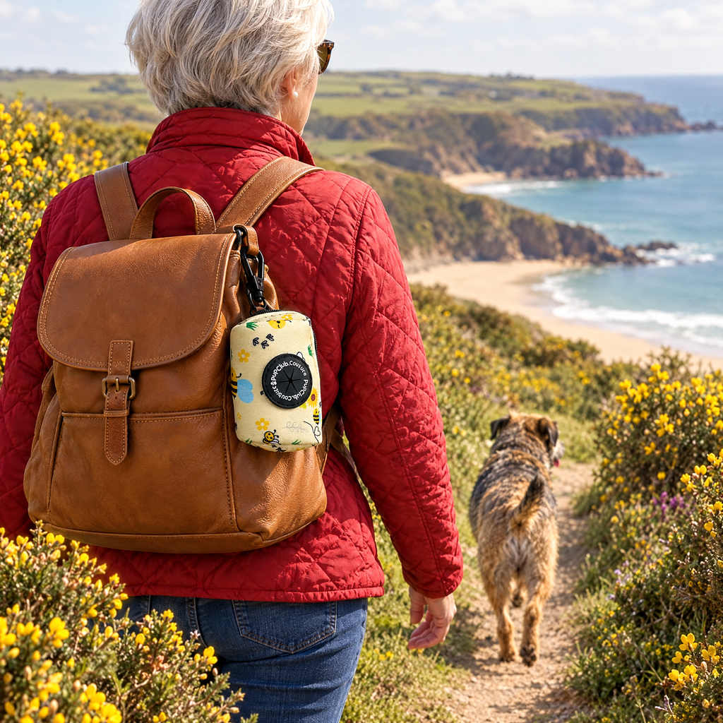 Bee-utiful Summer poo bag holder clipped to a backpack on a dog walk