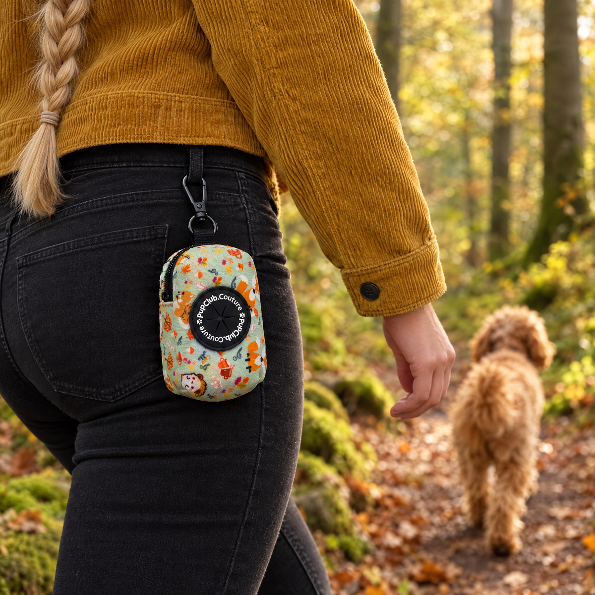 Woodland Friends poo bag holder clipped to a belt on a dog walk