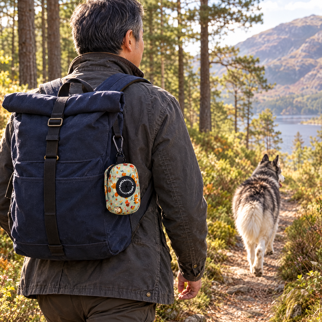 Woodland Friends poo bag holder clipped to a backpack on a dog walk