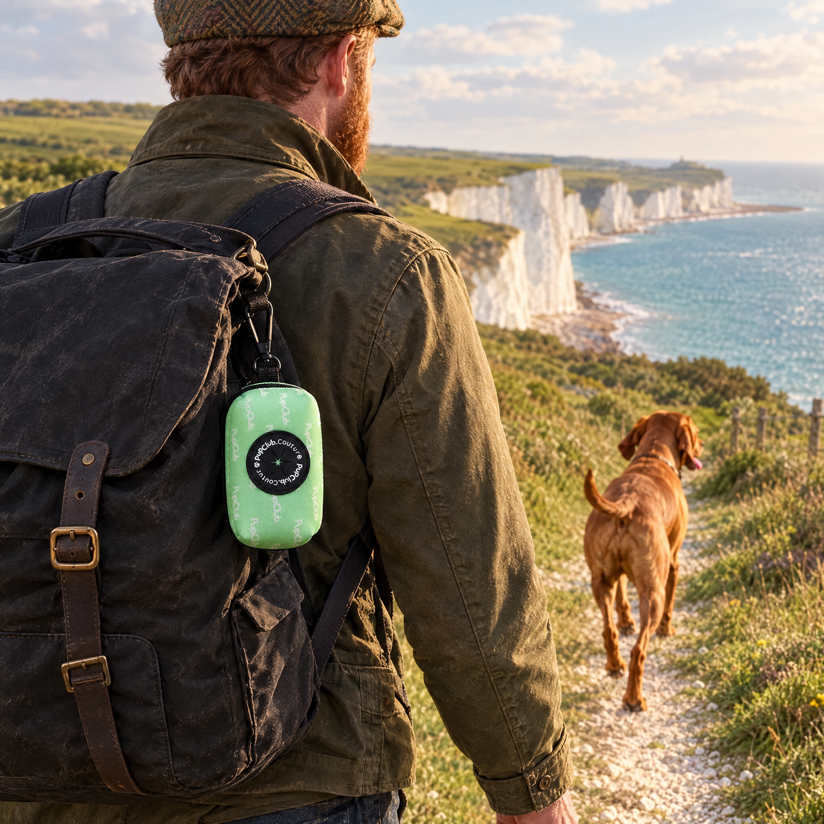 Pastel Mint poo bag holder clipped to a backpack on a dog walk