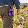 Lilac Blush poo bag holder clipped to a belt on a dog walk