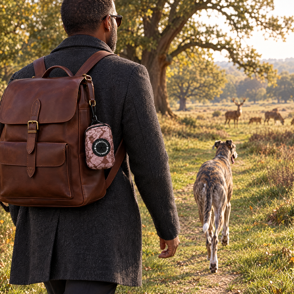 Mocha Petals poo bag holder clipped to a backpack on a dog walk