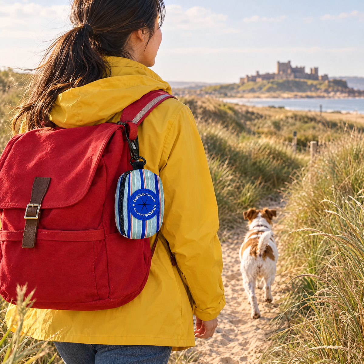 Sea Breeze Stripes poo bag holder clipped to a backpack on a dog walk