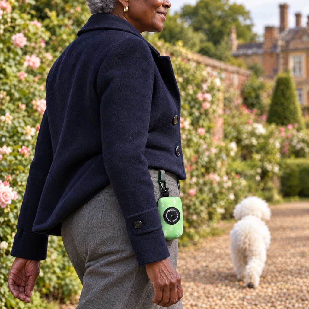 Pastel Mint poo bag holder clipped to a belt on a dog walk