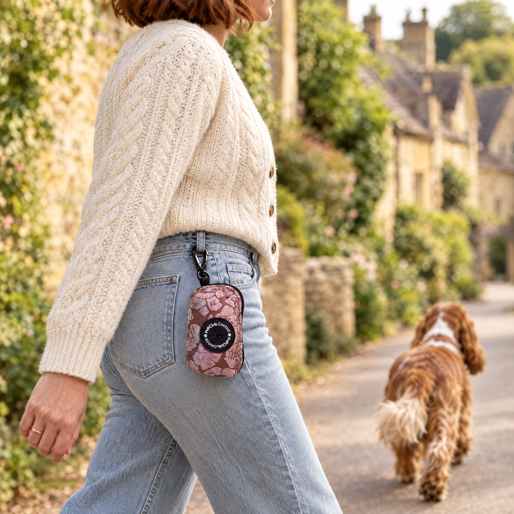 Mocha Petals poo bag holder clipped to a belt on a dog walk