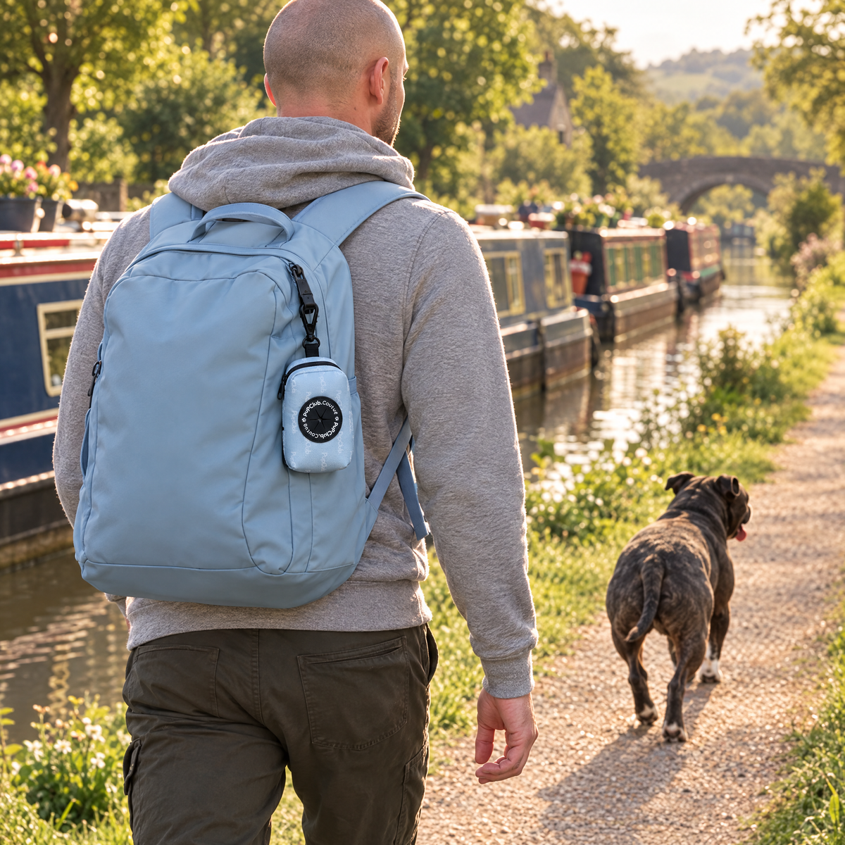 Pastel Blue poo bag holder clipped to a backpack on a dog walk