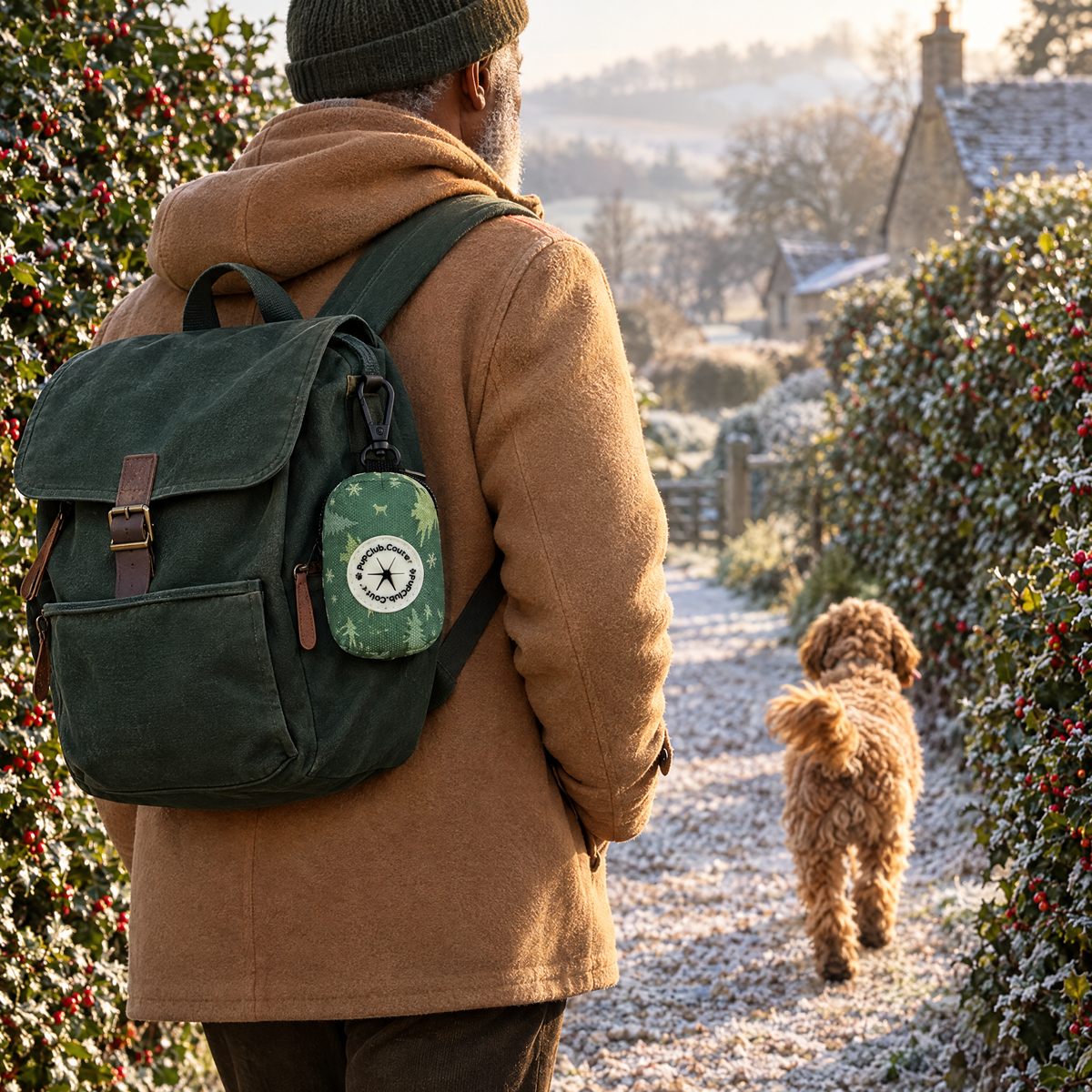 Evergreen Trails poo bag holder clipped to a backpack on a dog walk