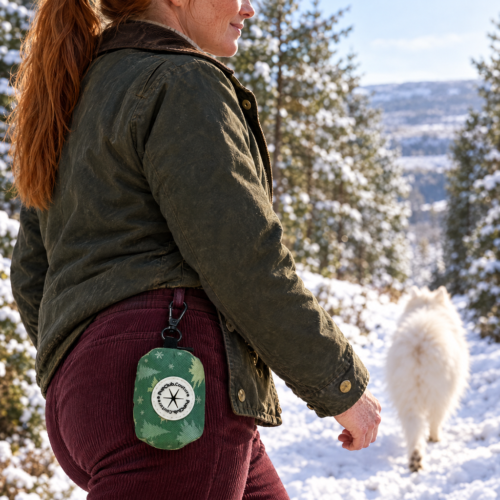 Evergreen Trails poo bag holder clipped to a belt on a dog walk