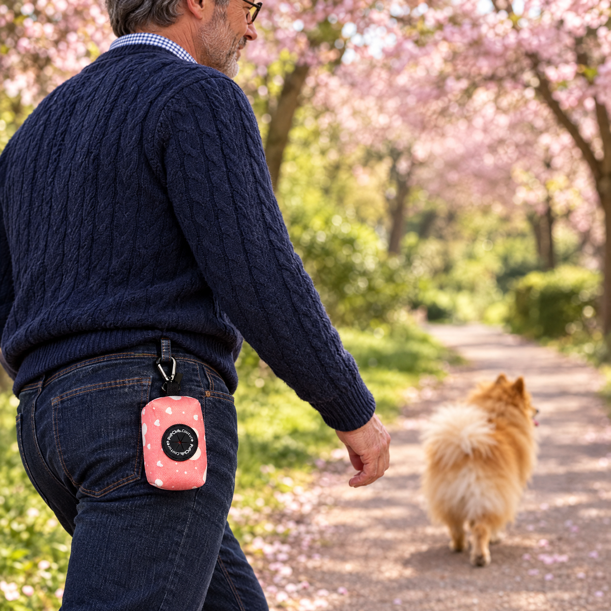 Peachy Hearts poo bag holder clipped to a belt on a dog walk