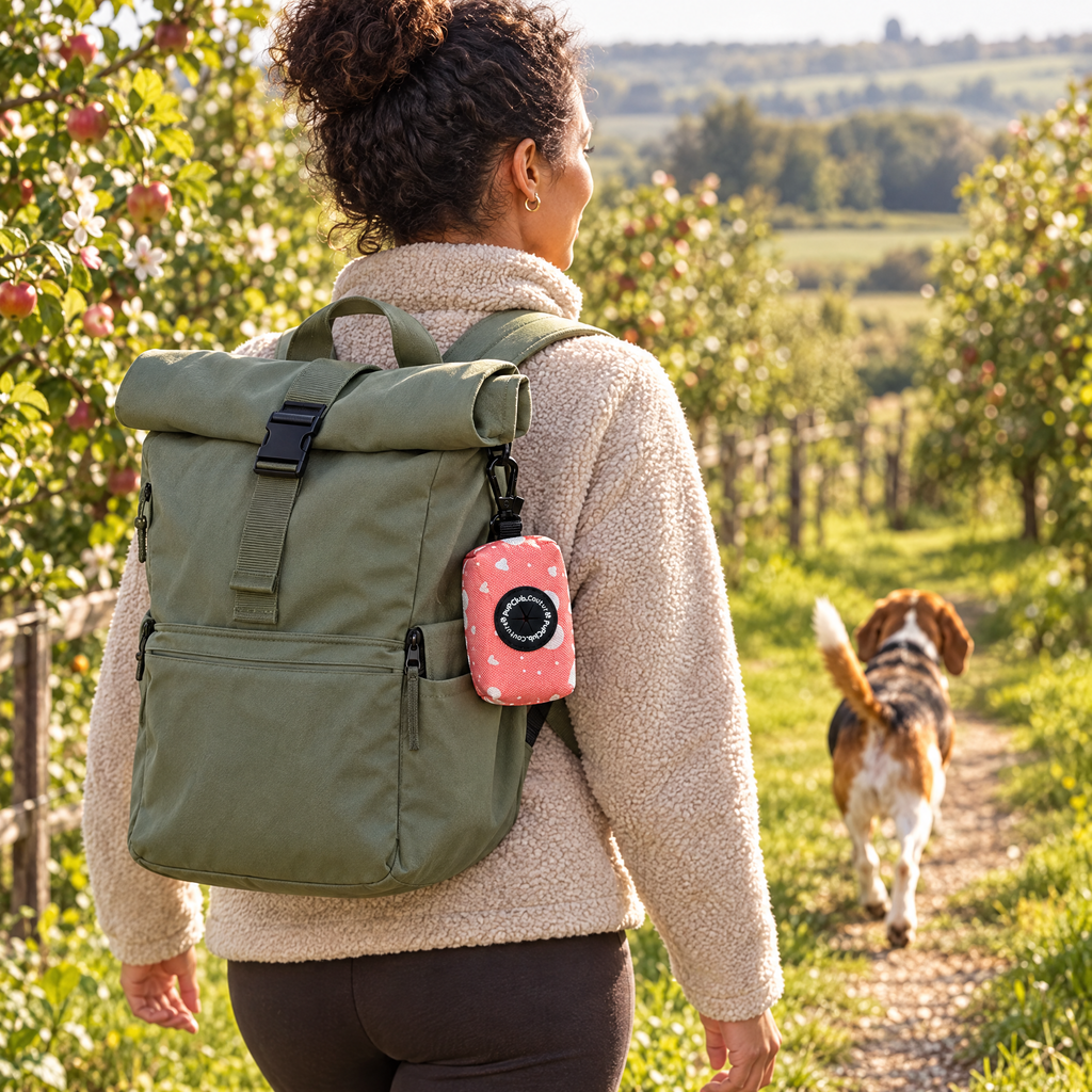 Peachy Hearts poo bag holder clipped to a backpack on a dog walk