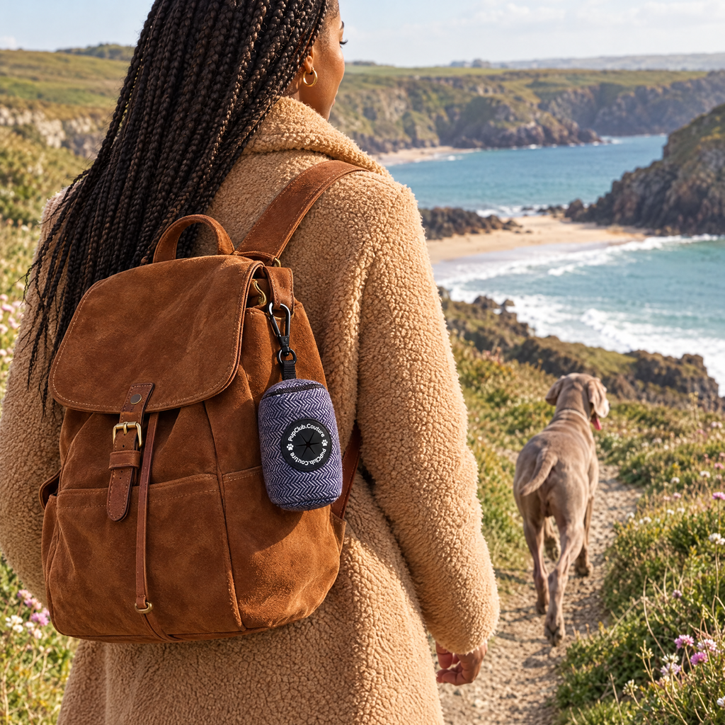 Tweed Blue poo bag holder clipped to a backpack on a dog walk