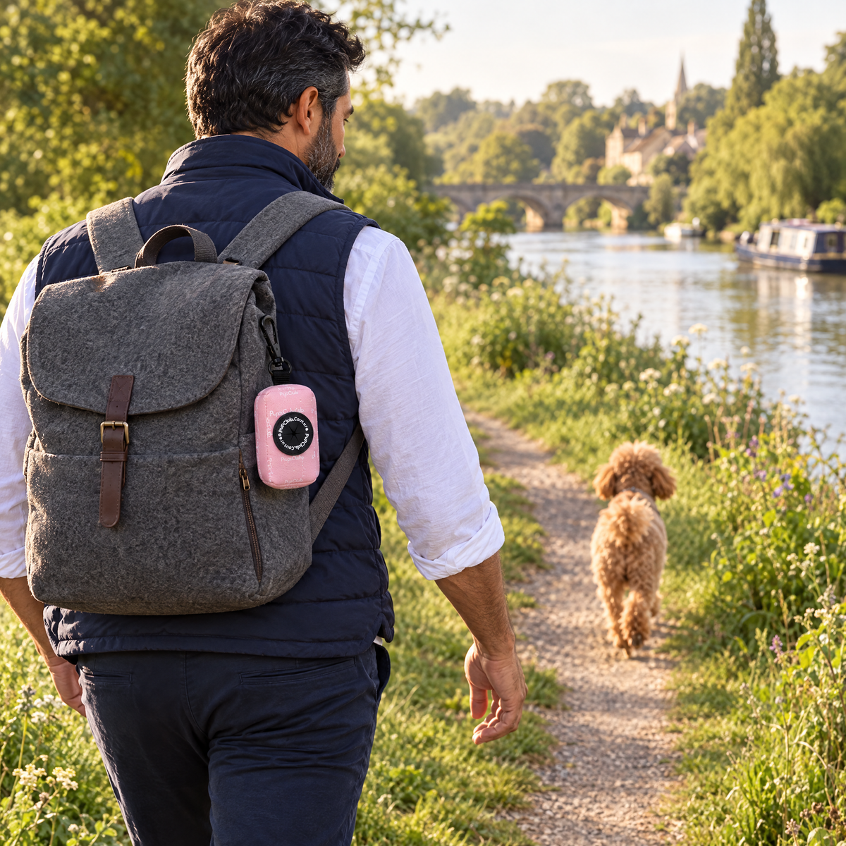 Pastel Pink poo bag holder clipped to a backpack on a dog walk