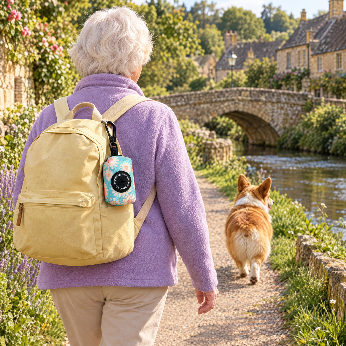 Pastel Daisy poo bag holder clipped to a backpack on a dog walk
