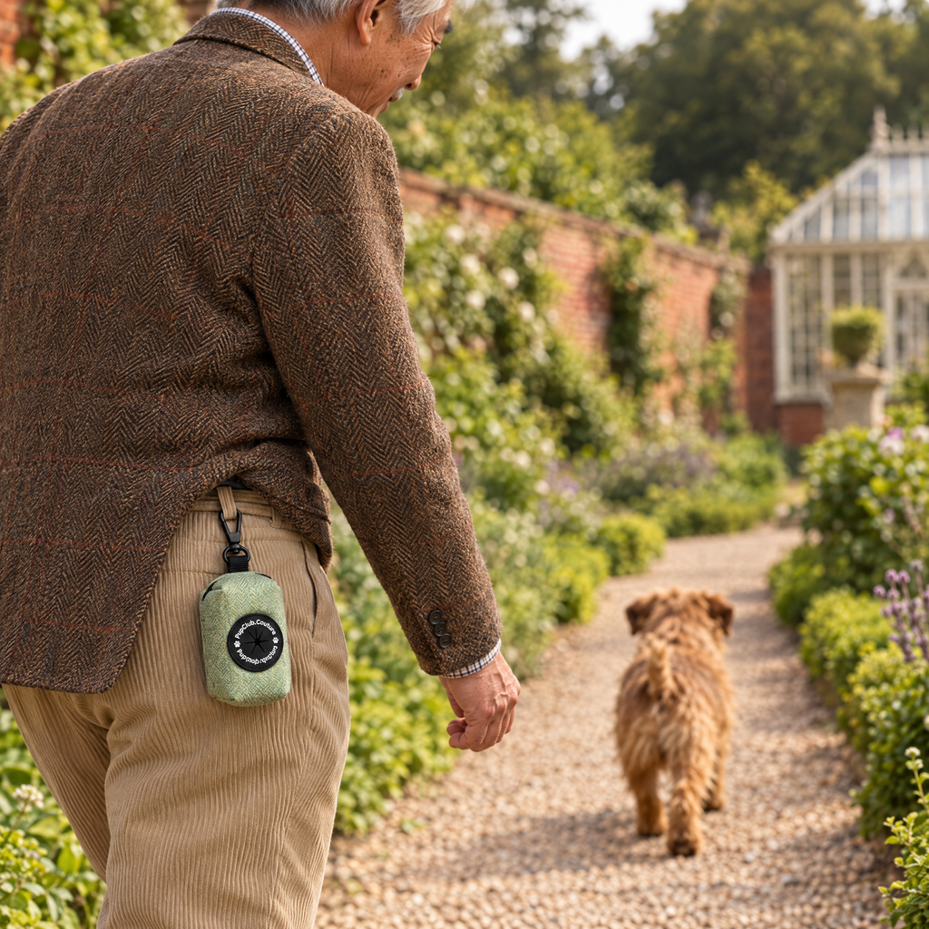 Tweed Sage poo bag holder clipped to a belt on a dog walk