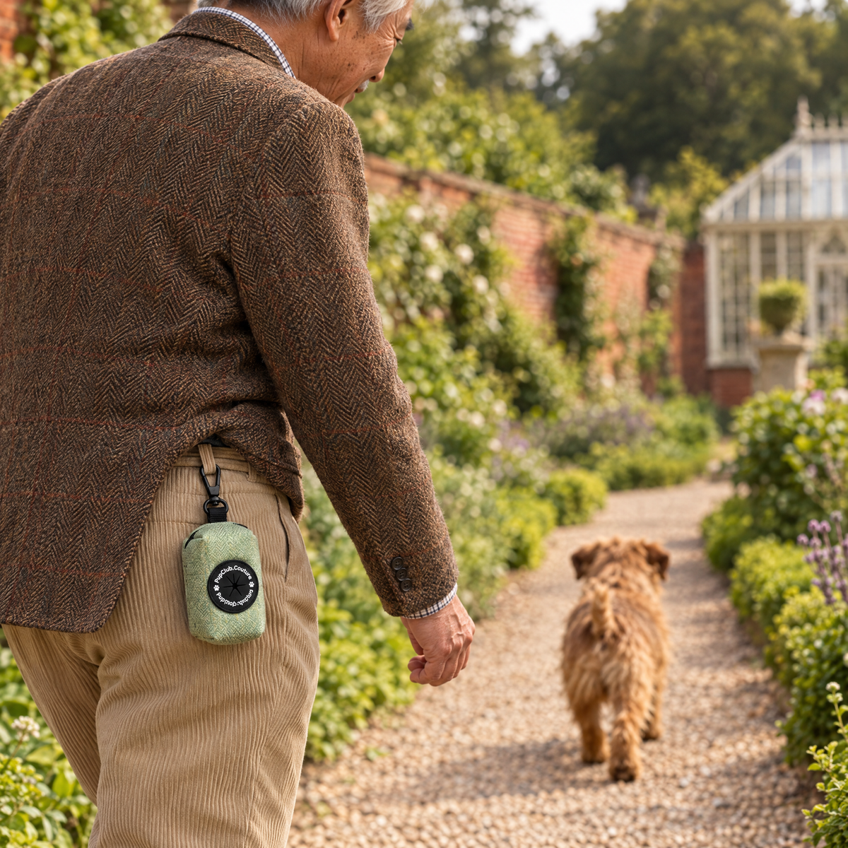 Tweed Sage poo bag holder clipped to a belt on a dog walk