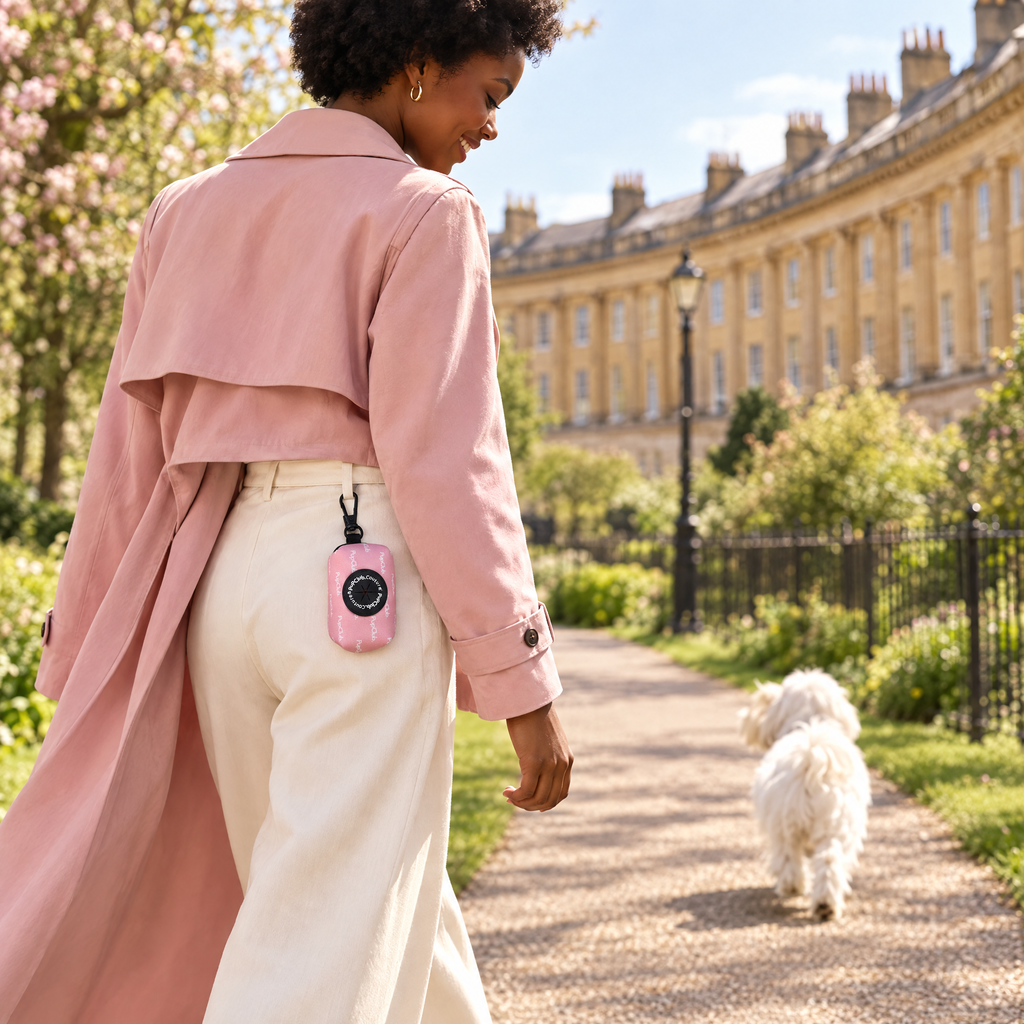 Pastel Pink poo bag holder clipped to a belt on a dog walk