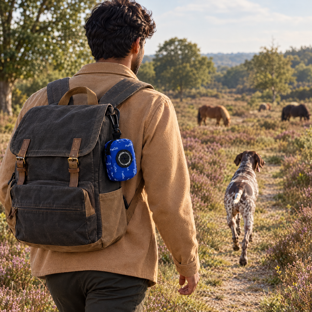 Royal Blue poo bag holder clipped to a backpack on a dog walk