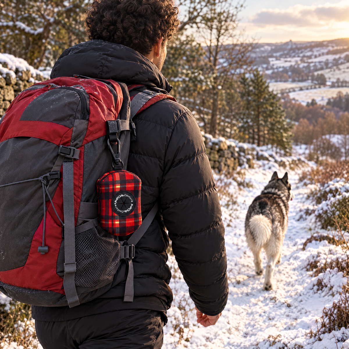 Red Tartan poo bag holder clipped to a backpack on a dog walk
