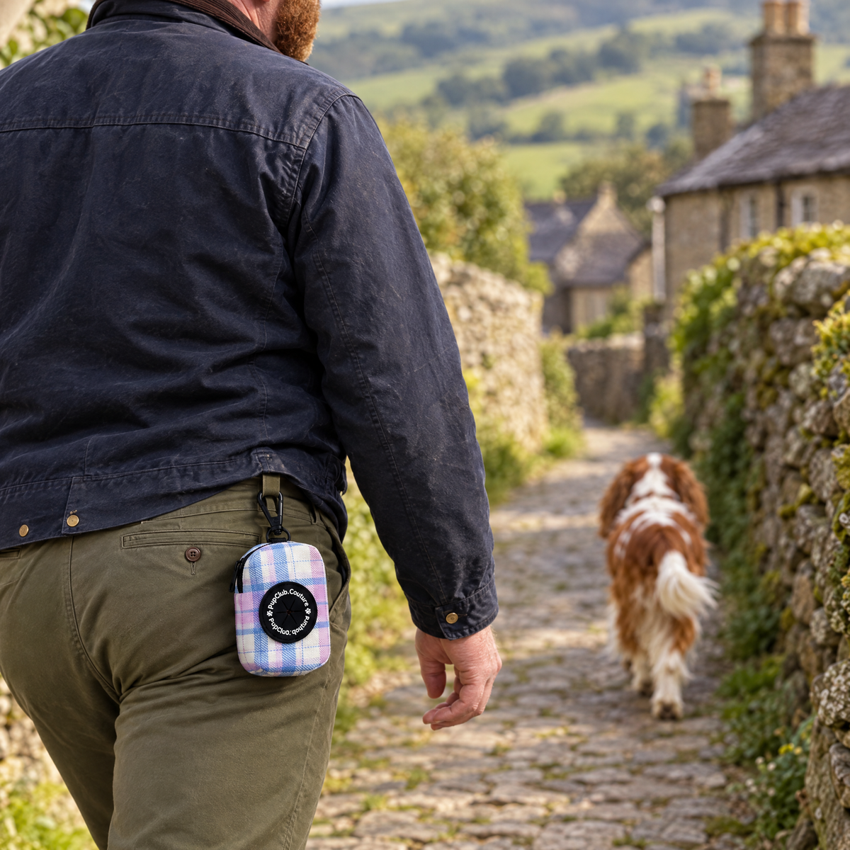 Pink Tartan poo bag holder clipped to a belt on a dog walk