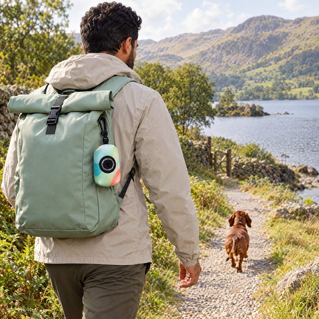 Pastel Waves poo bag holder clipped to a backpack on a dog walk