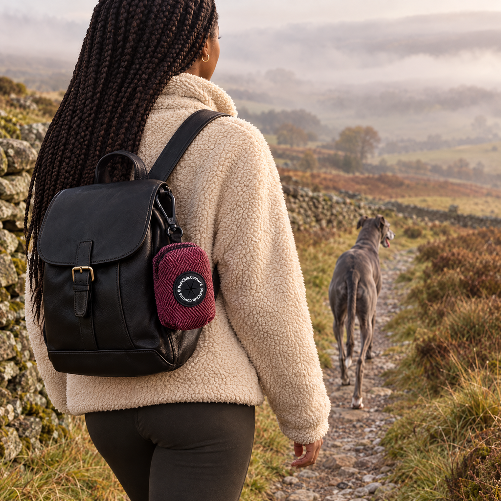 Berry Tweed poo bag holder clipped to a backpack on a dog walk