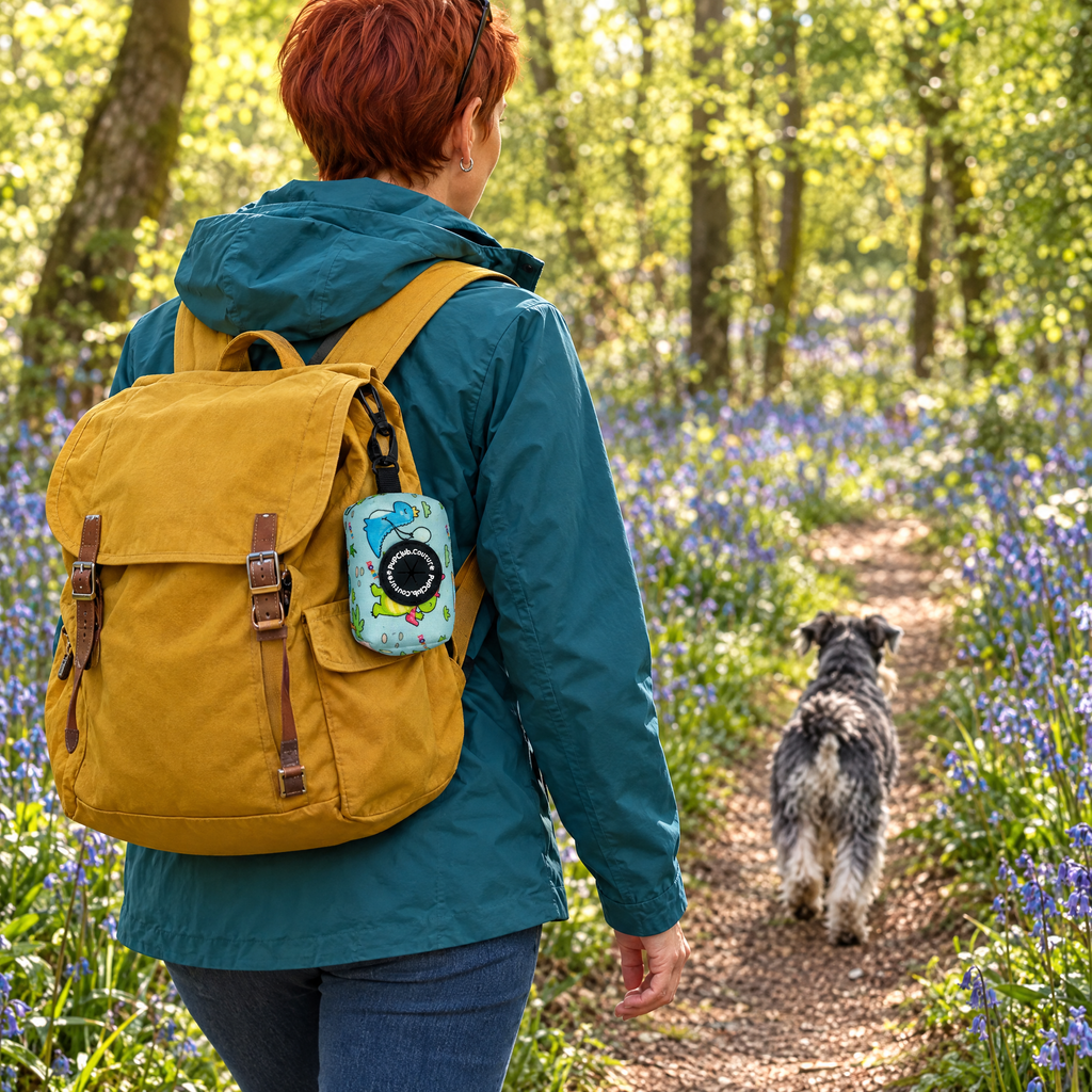 Jurassic Party poo bag holder clipped to a backpack on a dog walk