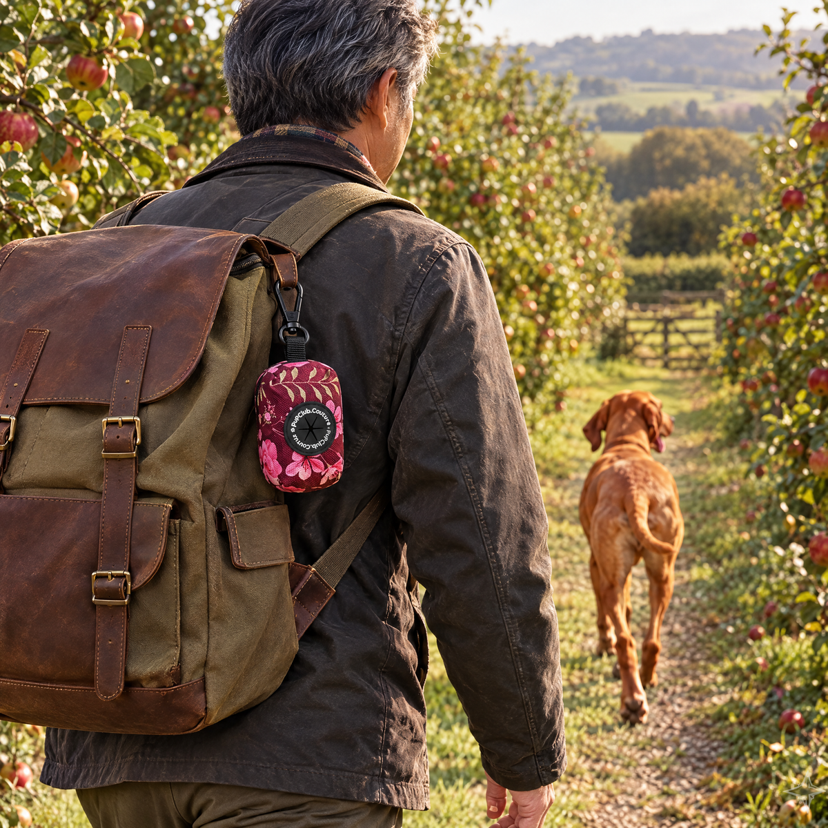 Burgundy Bloom poo bag holder clipped to a backpack on a dog walk