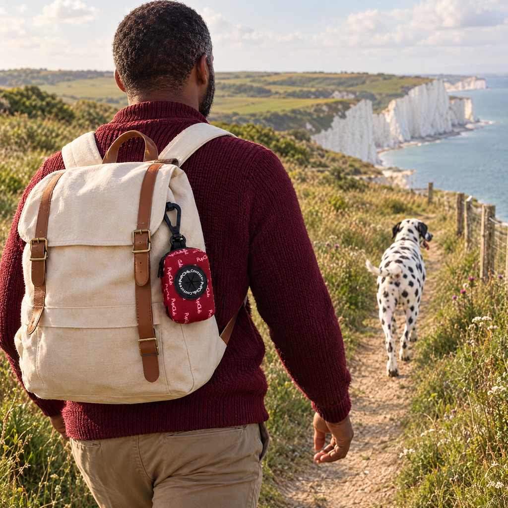 Berry Red poo bag holder clipped to a backpack on a dog walk