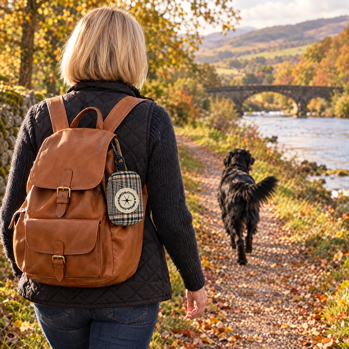 Foxbury Plaid poo bag holder clipped to a backpack on a dog walk