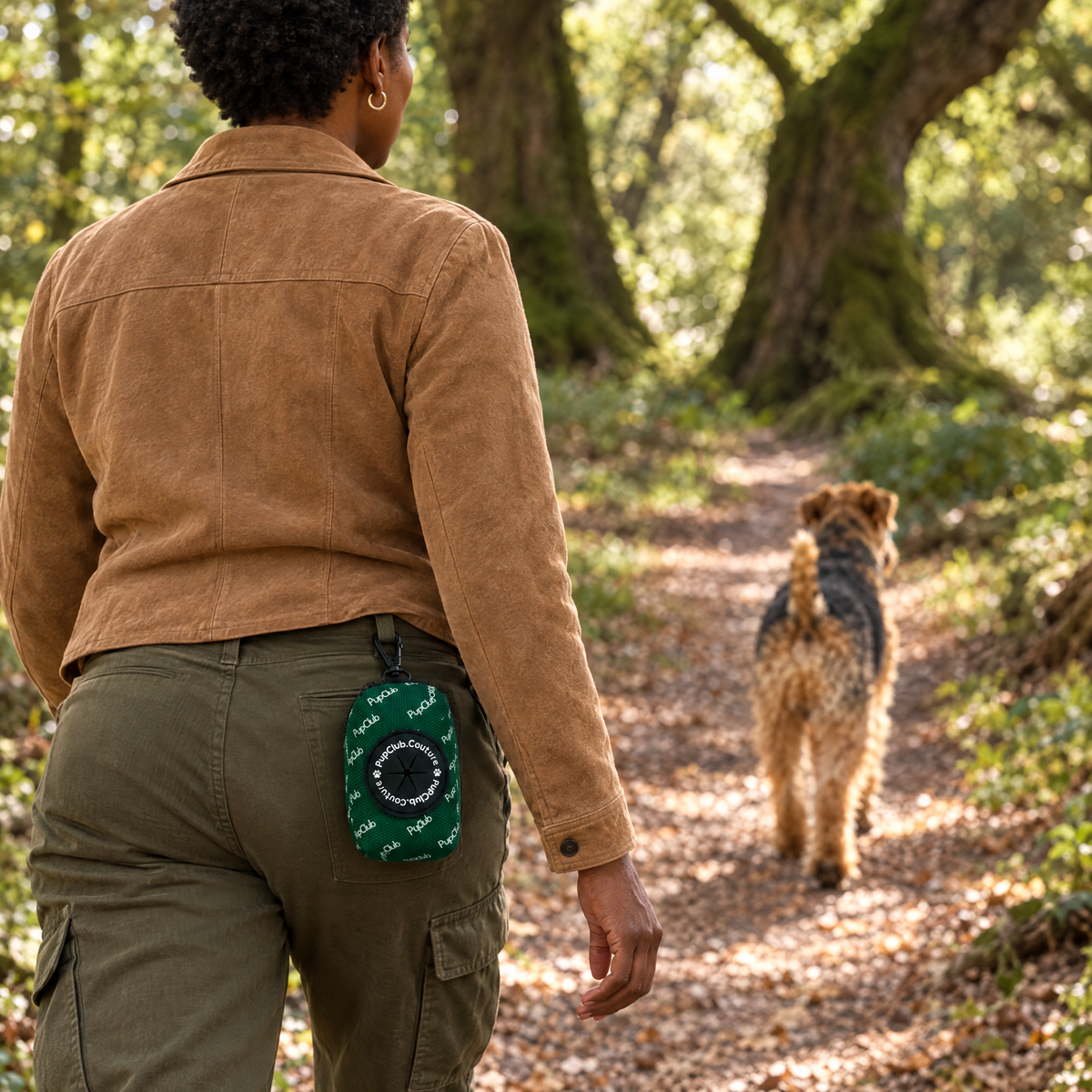 Forest Green poo bag holder clipped to a belt on a dog walk