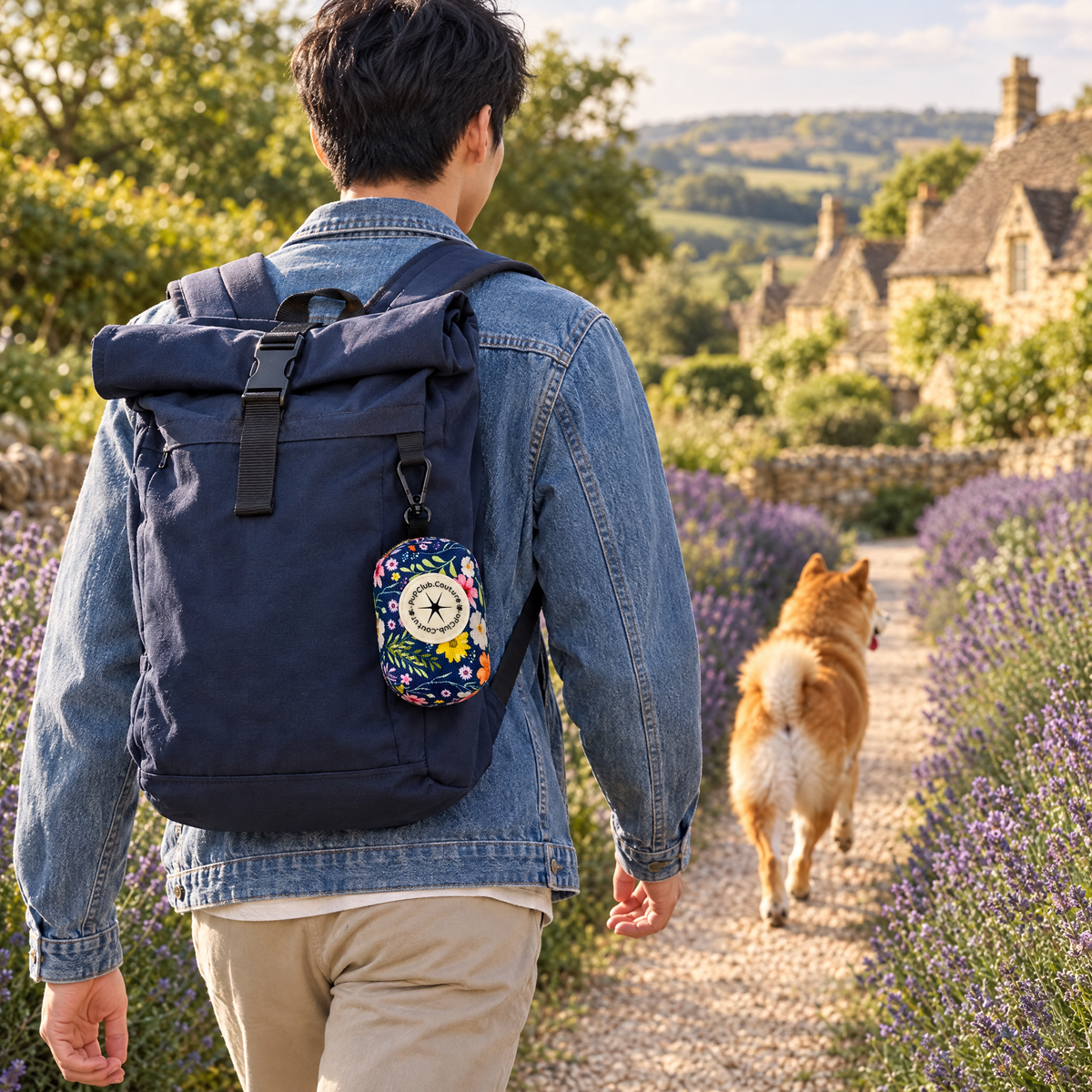 Summer Meadow poo bag holder clipped to a backpack on a dog walk