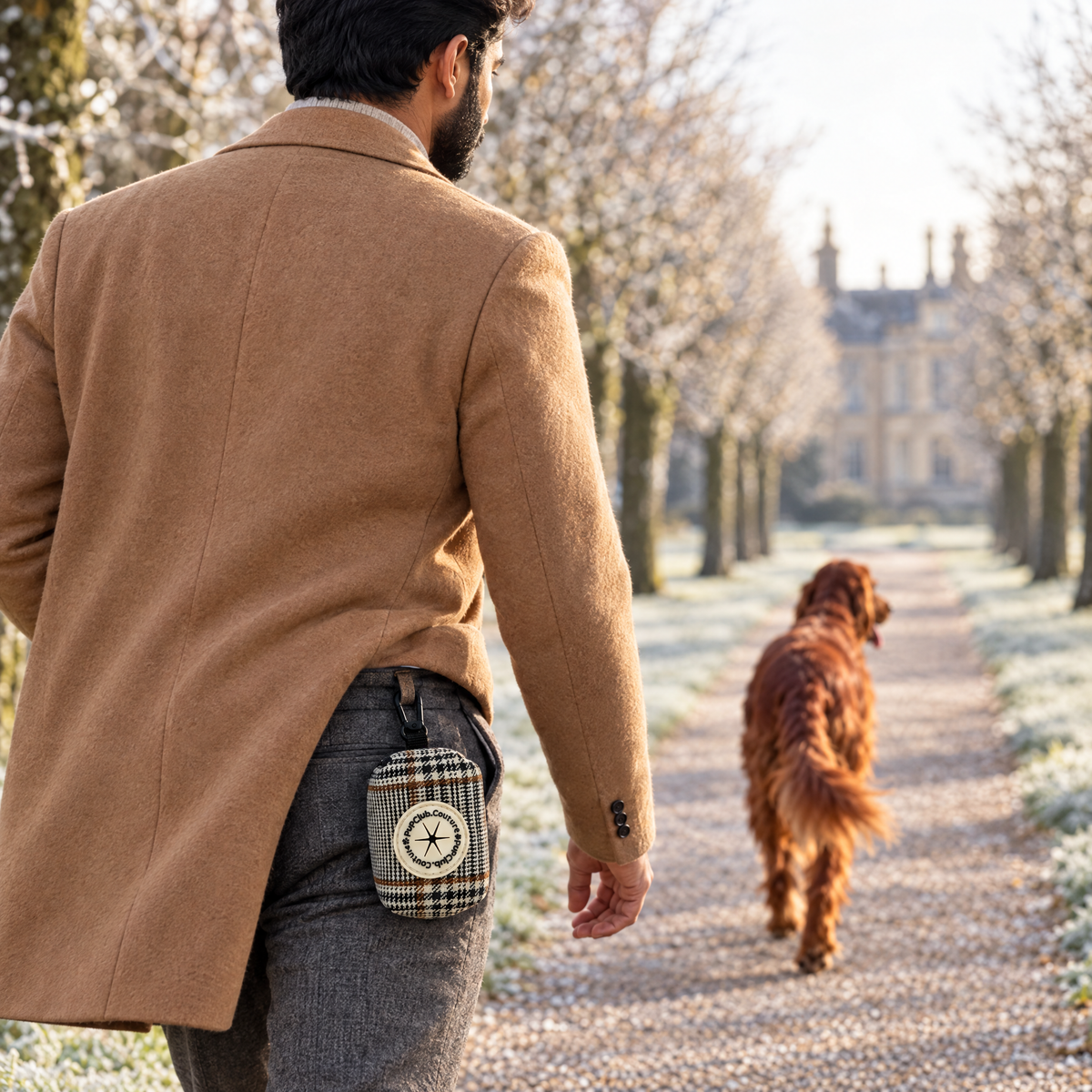 Foxbury Plaid poo bag holder clipped to a belt on a dog walk