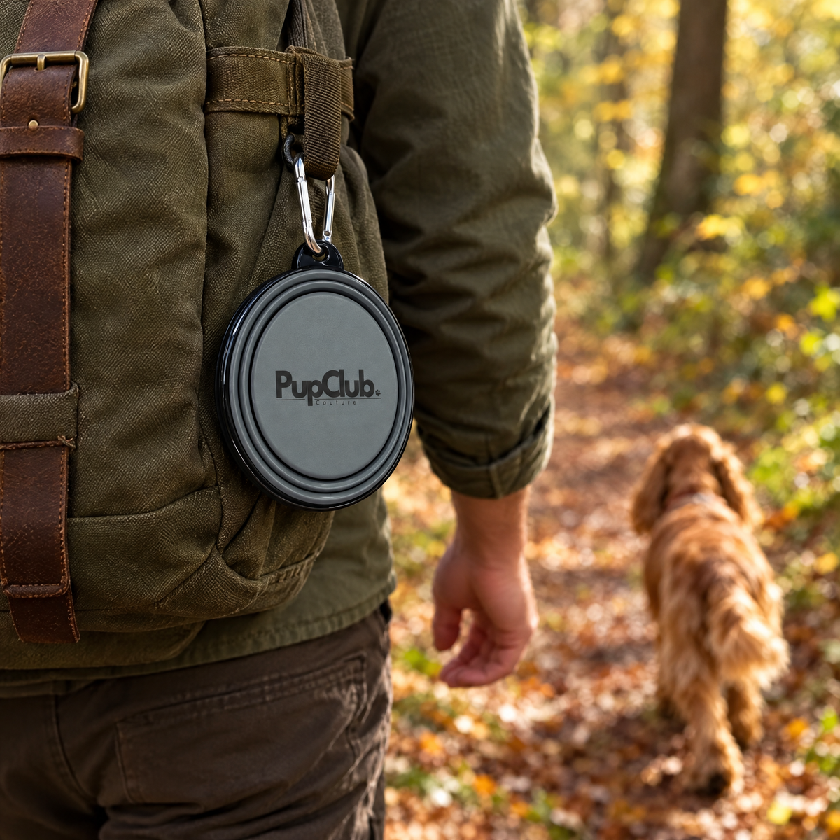 Collapsible travel bowl folded flat and clipped to a backpack on a dog walk